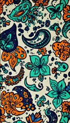 Vibrant floral and paisley pattern on fabric.  Bold colors and intricate designs create a striking textile texture.
