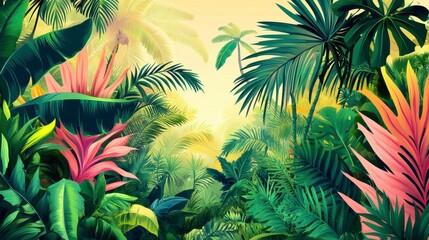 Lush Tropical Paradise Vibrant Jungle Landscape with Palm Trees and Exotic Flowers