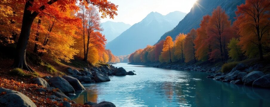 Autumn leaves frame glacial river flowing from Jostedalsbreen glacier , vibrant, colors