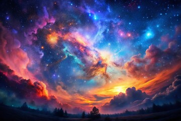 Obraz premium Abstract Space Nebula Double Exposure: Starry Night Sky Background