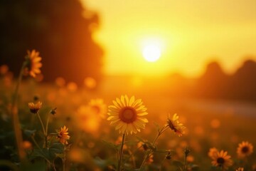 Golden sunburst, hazy sky, summer solstice vibes, light, warmth