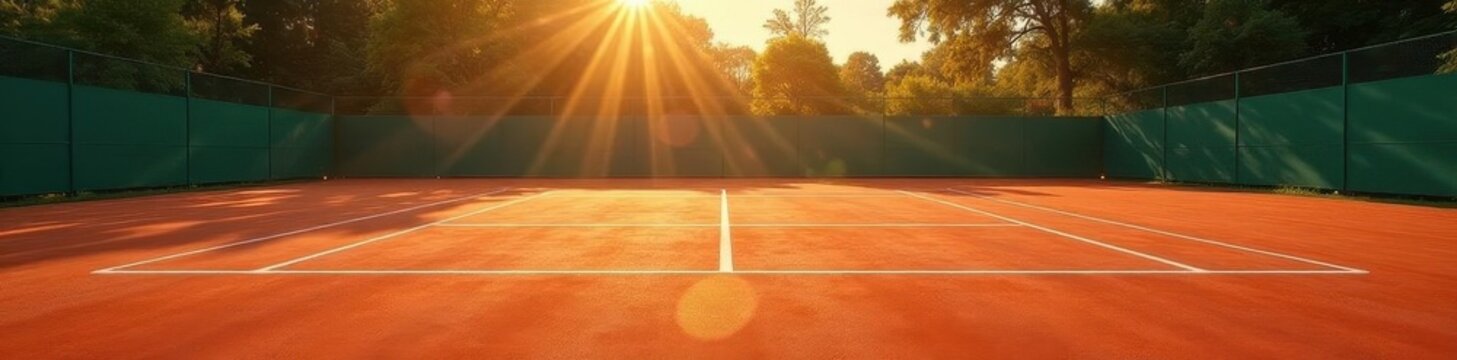 Empty clay tennis court, sunlit Lines sharply defined , match, ball, clay court