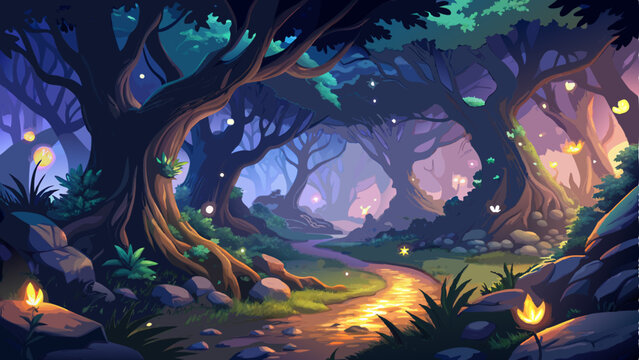 vector of magical forest clearing at dusk, where glowing fireflies dance among the twisted roots of ancient oak trees.