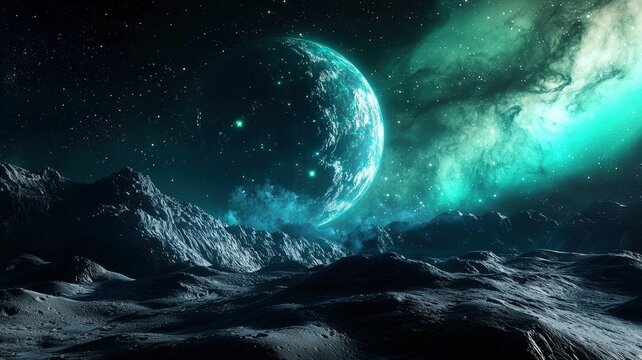 Breathtaking sci-fi landscape view from a moon's surface, showing a massive gas giant and a vibrant aurora lighting up the sky.