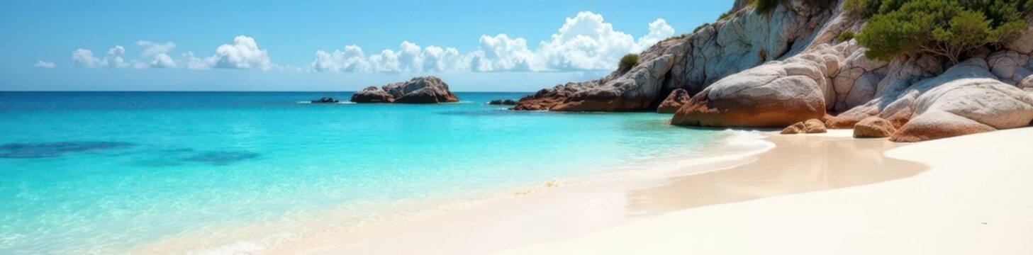 Fine white sand, clear shallows, rocky outcrop, photo, sun
