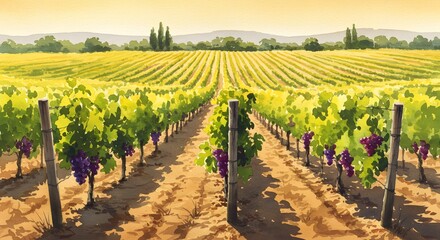 Vineyard with Ripe Grapes Watercolor Painting on Sunny Day