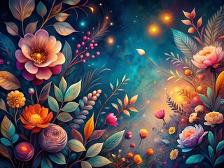 Abstract Watercolor Floral Night Background with Soft Hand-Painted Flowers and Leaves - Copy Space for Text