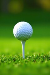 Golf tee inserted in a white golf ball, sitting on a manicured lawn, golfing, equipment