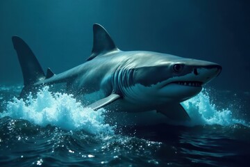Fototapeta premium Immense shark cuts through dark ocean currents, visible dorsal fin, sea, marine, sea life