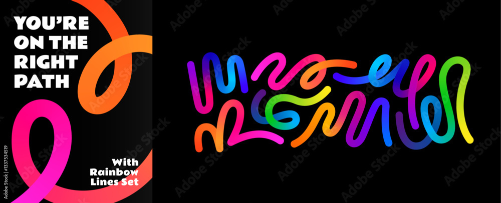 Fototapete Abstract Wave and Color Lines with Gradient. Vector Pattern with Wavy Shapes. 3D Colour Graphic Design Elements. Squiggle Rainbow Ribbons with Gradation