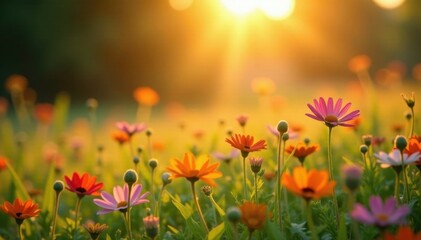 Golden sunbeams drench vibrant wildflowers, soft focus background , flora, bloom