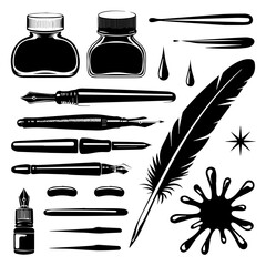 This is a black-and-white vector illustration featuring various calligraphy and writing tools, including quill pens, ink bottles, fountain pens, paintbrushes, and decorative lettering that says "Writi
