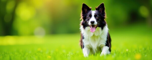Playful border collie, panting, lush green grass,  animal,  herding dog