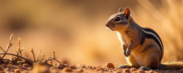 Obraz premium Ground squirrel shields face with bushy tail, Kalahari sun glare , sandy, fur, tail