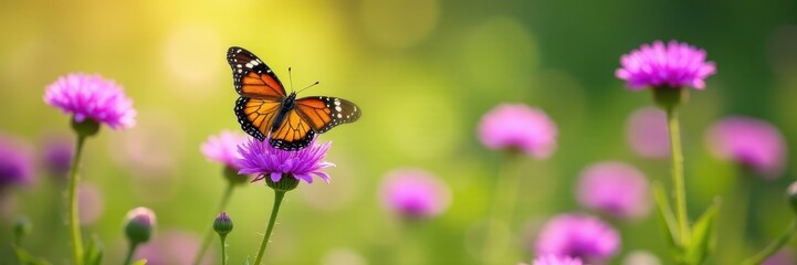 Obraz premium Monarch butterfly perched on vibrant purple wildflowers, sunny meadow , landscape, wildflower, fauna