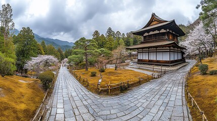 Obraz premium Serene Japanese temple garden. Cherry blossoms and moss-covered pathways lead to a traditional wooden pagoda