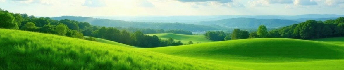 Fototapeta premium Rolling green hills, distant forest, bright daylight, view, rural