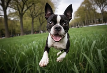 boston terrier adorable doggy running on green grass of a park, doggy playing outdoors in the nature, purebred pet playing outside
