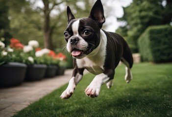 Fototapeta premium boston terrier adorable doggy running on a green garden in a courtyard of a mansion