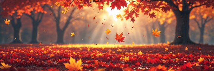 Autumnal Serenity: Golden Sunlight Filters Through Falling Leaves in Forest Glade