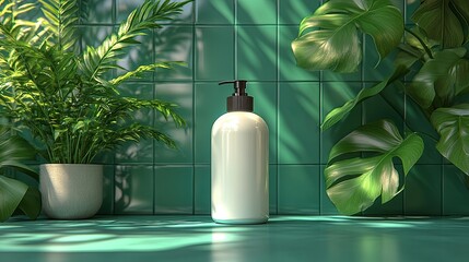 Clean, minimalist bottle of lotion surrounded by lush greenery. Sunlight streams in, illuminating a teal tiled surface