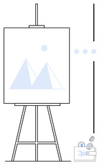 Easel holding a geometric painting alongside a wallet with cryptocurrency symbols. Ideal for art, technology, digital economy, finance innovation, creativity, investments, abstract design. Flat