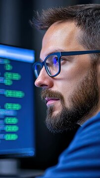 Focused IT Professional Writing Code on Computer Screen in Modern Office Setting, Highlighting Technology, Software Development, and Programming Expertise with Eyeglasses