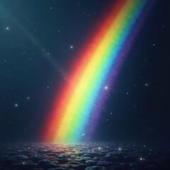 Rainbow arc across black void, intense gamma ray emission, colorful, cosmic phenomena