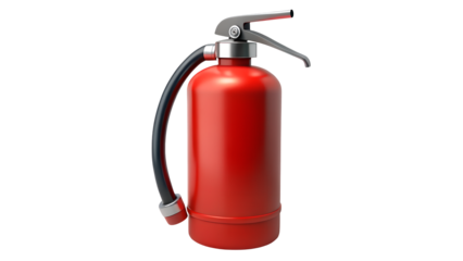A red fire extinguisher with a black hose and silver handle on a black background is isolatedisolated on transparent background	
