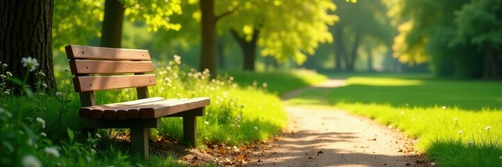 Fototapeta premium Sun-drenched empty wooden bench in vibrant green park, solitude, bright
