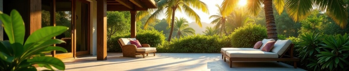 Fototapeta premium Sun-drenched patio, lush tropical foliage, palm trees sway gently , shadows, patio, exotic