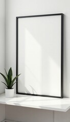 Sleek black frame mockup against pristine white wall Ideal for interior design , photography, blank