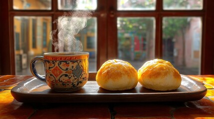 Warm coffee and pastries on a tray by a window