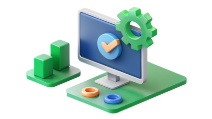 Isometric illustration of a computer monitor with a checkmark and a gear icon on a green platformisolated on transparent background	