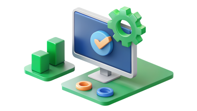 Isometric illustration of a computer monitor with a checkmark and a gear icon on a green platformisolated on transparent background	