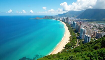 Naklejka premium Stunning Honolulu cityscape, azure ocean backdrop, skyline, highrise, beach