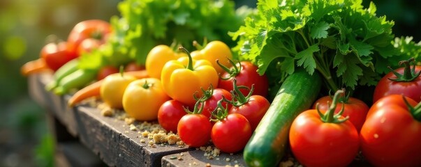 Sun-drenched organic vegetables freshly harvested , produce, field