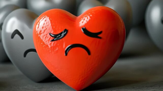 Standout red heart among gray hearts with sad faces reflecting emotional discrimination concept
