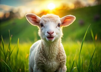 Obraz premium Adorable Fluffy White Lamb with Big Eyes and Grinning - Stock Photo