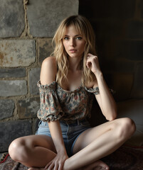 Naklejka premium Beautiful woman sitting indoors, wearing casual denim shorts and a floral top, creating a stylish yet relaxed ambiance, with soft natural lighting