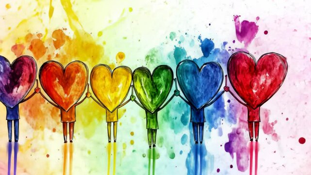 Diverse painted figures holding hearts in vibrant rainbow colors representing unity against discrimination