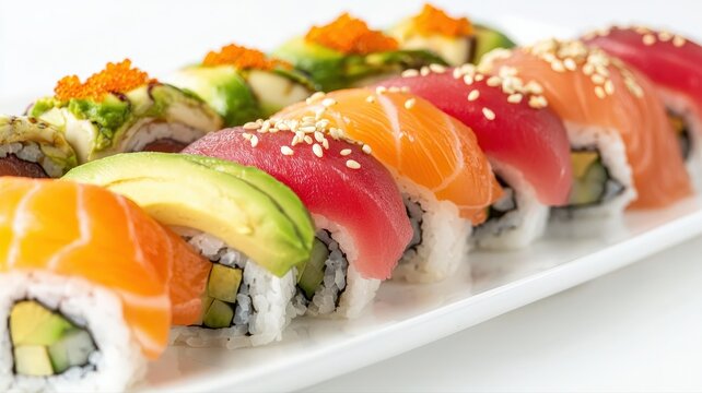 Elegant sushi assortment with salmon, tuna, and avocado rolls, perfectly arranged on a white surface. Minimalist, top-down presentation—ideal for food branding, menus, and culinary visuals.