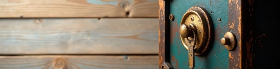 Fototapeta premium Antique safe, keys in lock, light wood background, treasure, safe