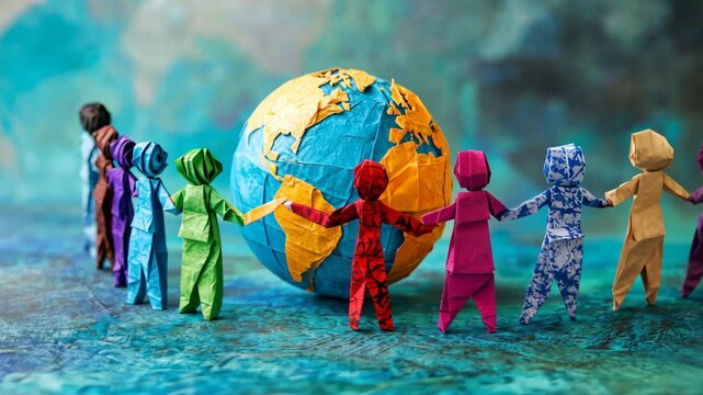 Diverse origami figures holding hands around a globe, representing unity and diversity in a world facing discrimination