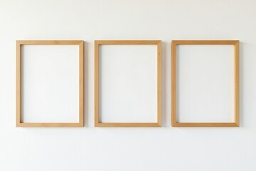 Three empty light brown wooden picture frames hang on a white wall , wall, texture