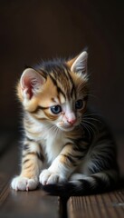 Obraz premium Tiny kitten curled on dark wood, fluffy paws tucked , siamese, brown