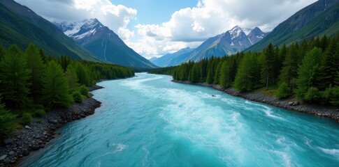 Turbulent Yukon River rapids carving through Canadian mountains , photography, wild, view