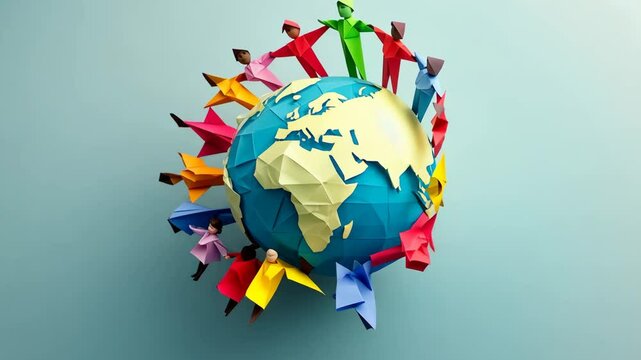 Diverse paper figures holding hands around a globe symbolizing unity and global discrimination