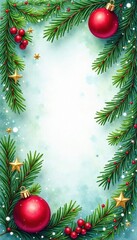 Watercolor painted pine bough Christmas ornament frame Gold stars and elegant brushstrokes , new year, festive
