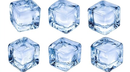 Obraz premium Six Transparent Ice Cubes on a White Background with Bubbles and Clear Texture